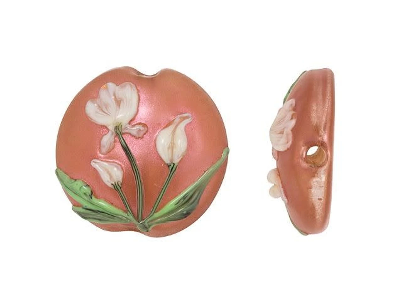 Ivory Mist Flower On Coral Lentil Focal Bead 3 Ivory Mist Flower On Coral Lentil Focal Bead